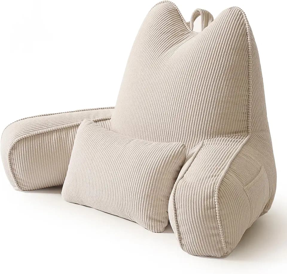 Patented Design Bed Rest Reading Pillow with Arms, Beige Gray