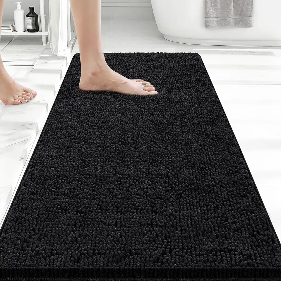 Bcoimo Bath Rug Mat, 44x24 Chenille Non Slip Black Long Bathroom Runner Rug