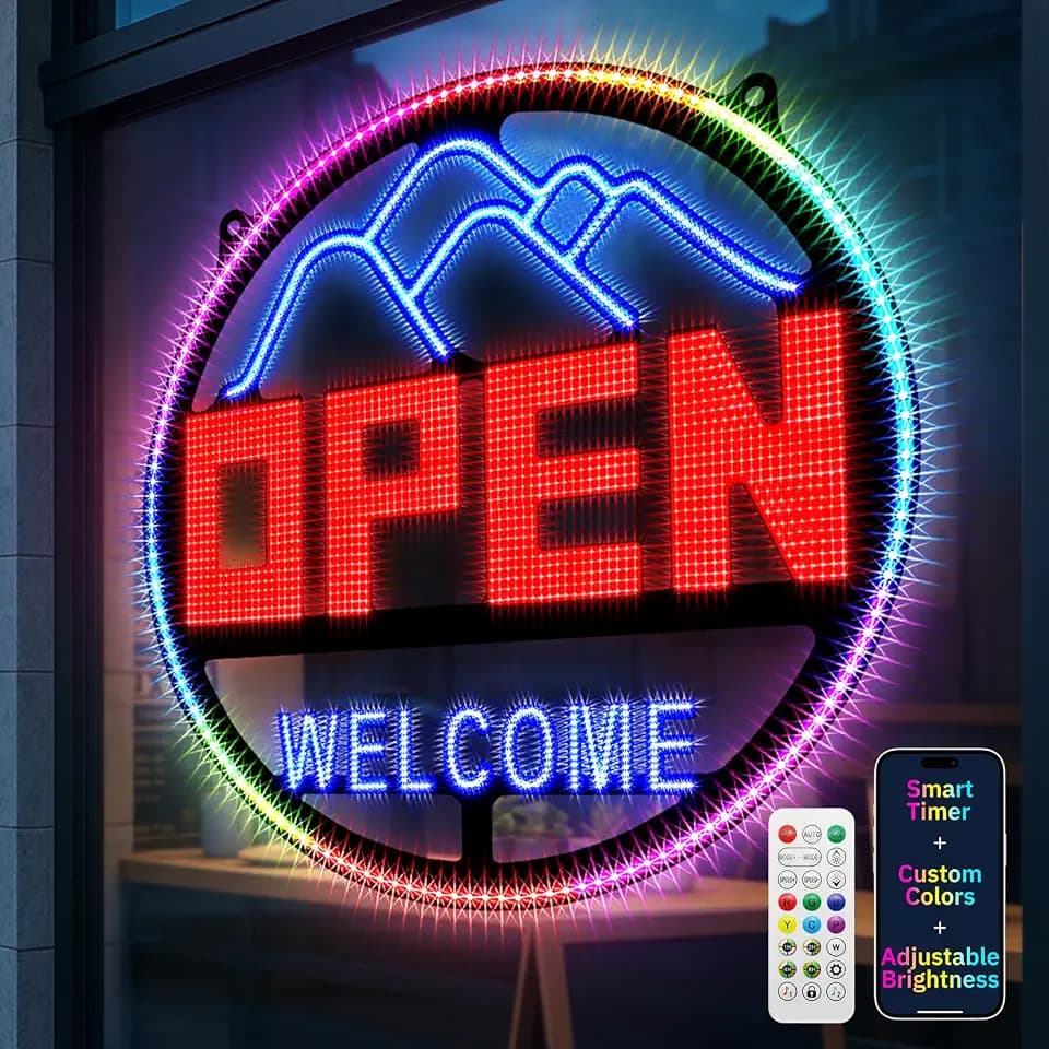 16'' × 16'' Open Signs for Business, Extra Bright LED Open Sign with APP & Remote Control, DIY Colors, Timer, 48 Flashing Modes, Adjustable Brightness & Speed, for Storefront Window or Glass Door