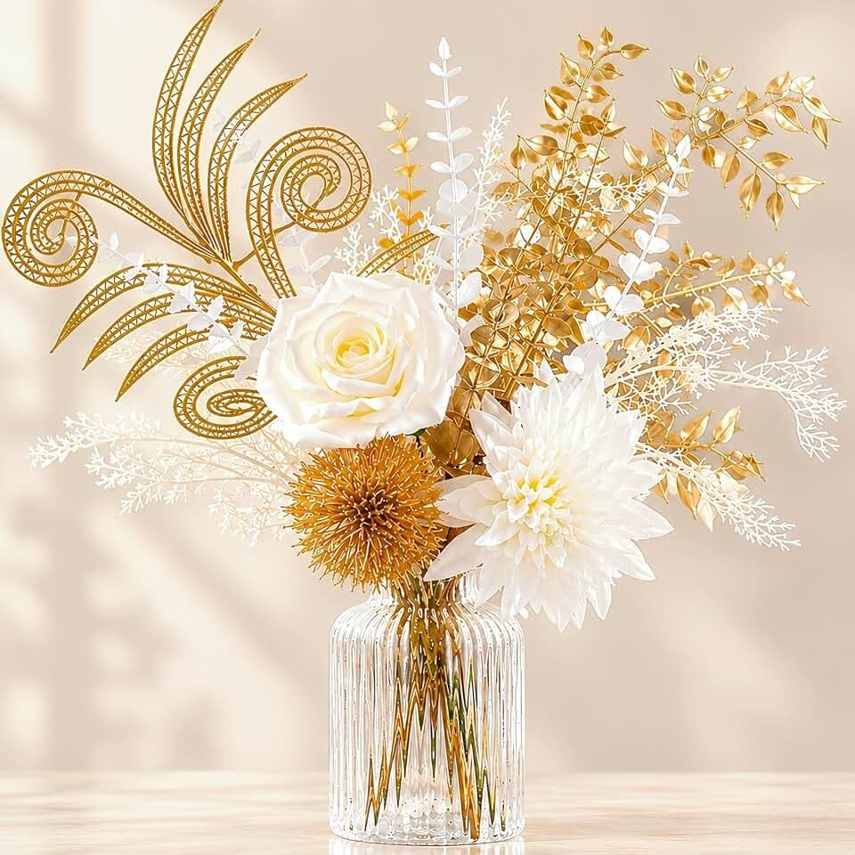 14 Stems Luxury Artificial Flower Bouquet, White Rose & Dahlia Centerpiece