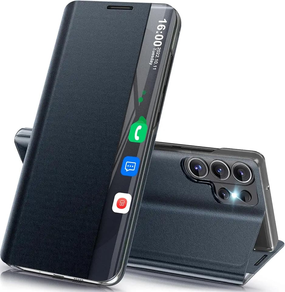 Handyhülle für Samsung Galaxy S26 Ultra Hülle, PC Stoßfest Dünn Spiegel Clear View Klappbar Flip Case S26 Ultra Cover mit Ständer für Samsung S26 Ultra 5g Schutzhülle (Tiefblau)