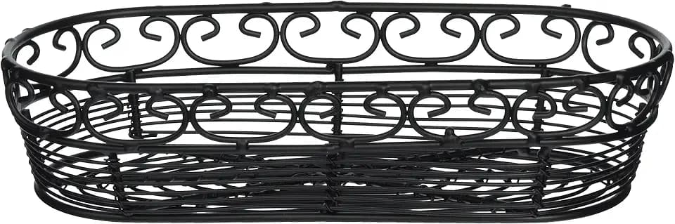 TableCraft BK21709 Oblong Basket, 9" x 4" x 2", Black Metal with Heart-Shaped Loops, Ideal for Serving Bread, Fruits, and Condiments, Lightweight & Stackable, Mediterranean Collection, Hand Wash