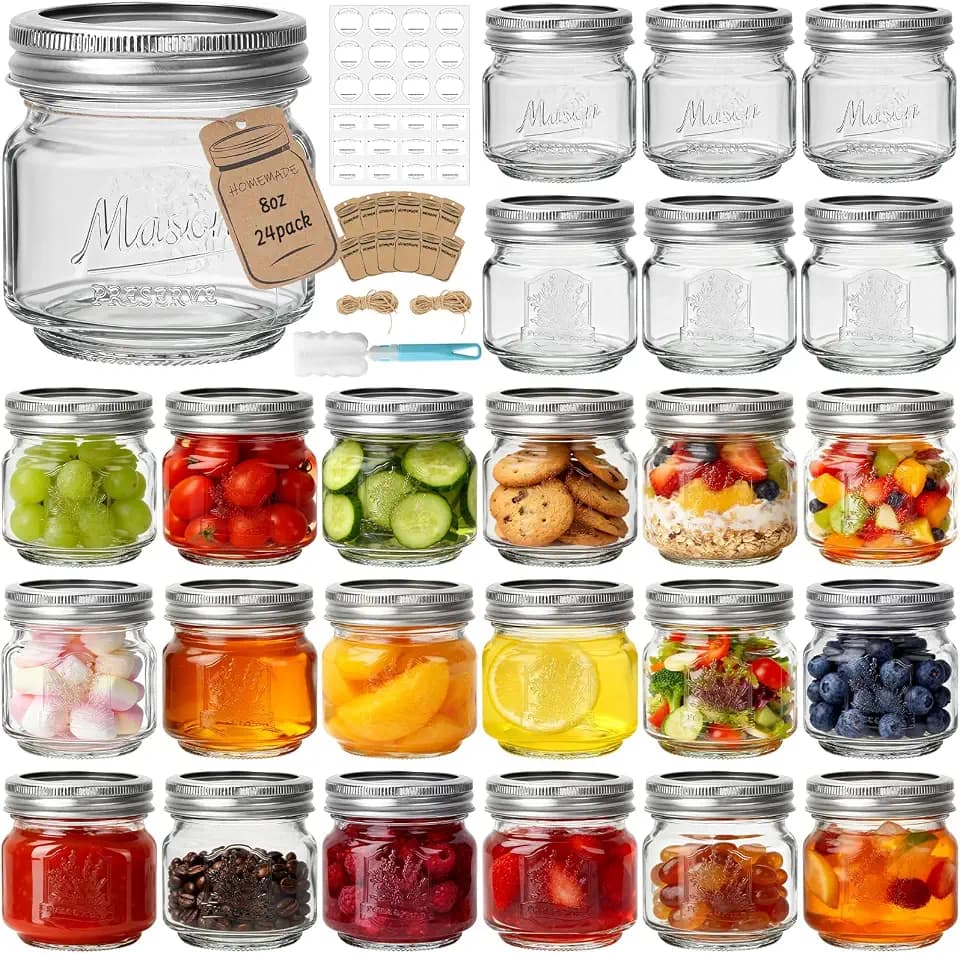 CycleMore Mason Jars 8 oz, 24 Pack Glass Canning Jars with Split Lids