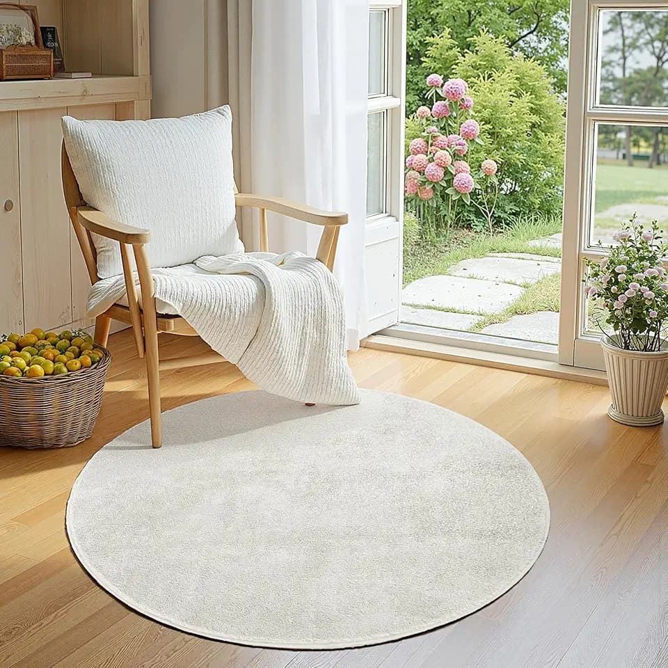 jinchan 4ft Solid Plush Round Rug Shaggy Washable Circle Rug, Ivory