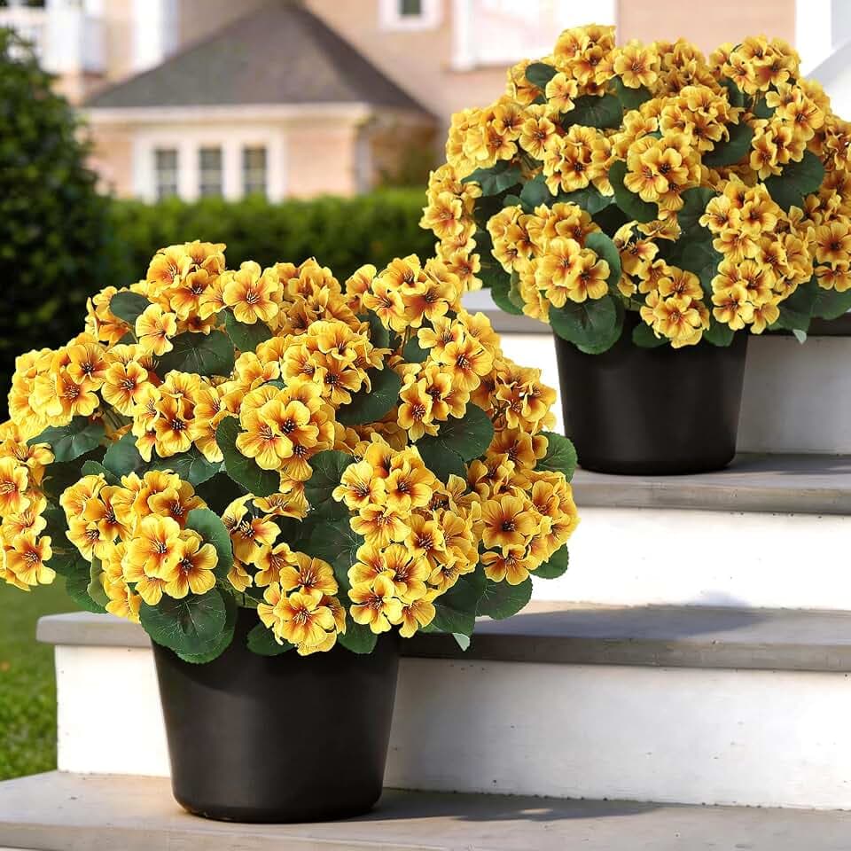 2Pcs Fake Geranium Flower Topiary Ball Tree for Front Porch Decor(Yellow)