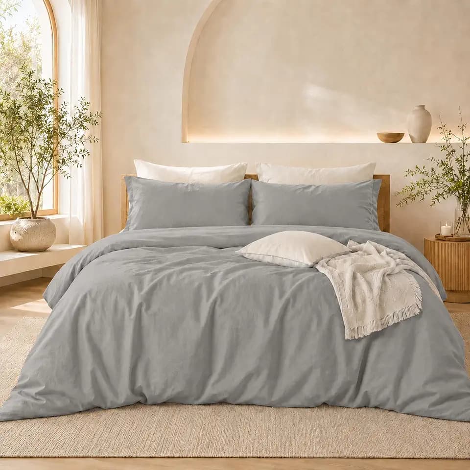 Queen Duvet Cover Set, 100% Washed Cotton Bedding Set, Soft Breathable Comforter Cover with Zipper Closure & Corner Ties, 3 Pieces, Gray, 90”x90”, No Comforter