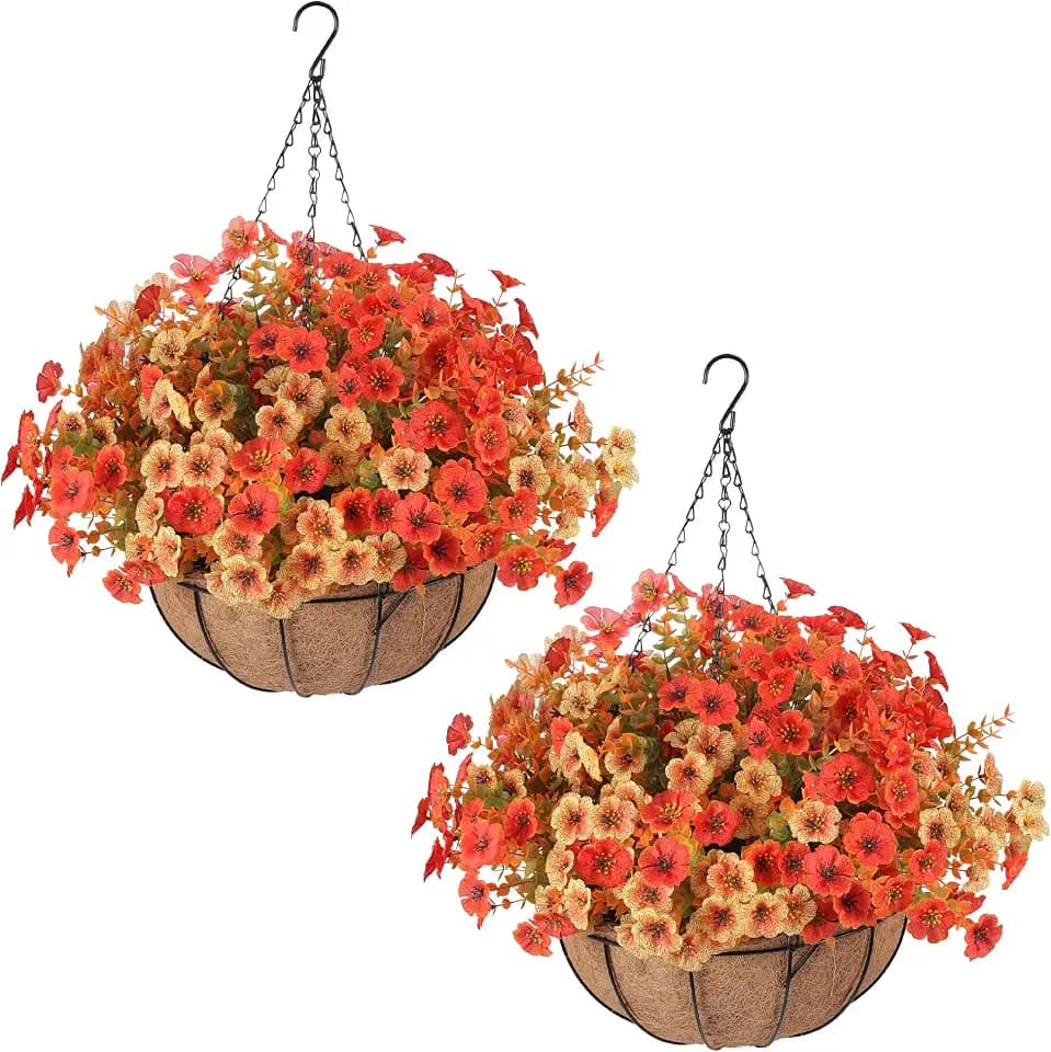 Artificial Fall Hanging Flower Basket 2 Pack, Fake Autumn Floral Planter with Coconut Liner, Indoor Outdoor Porch Front Door Thanksgiving Harvest Decor(Orange,Yellow)