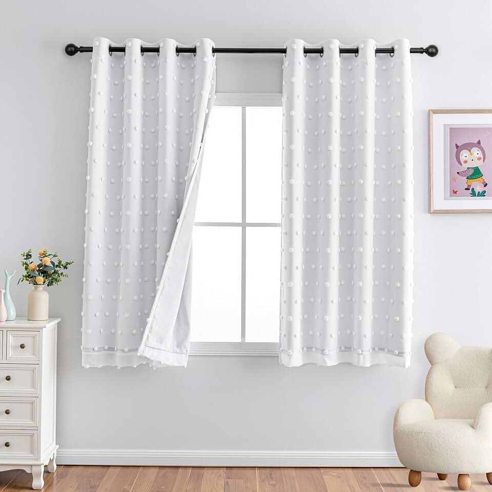 MYSKY HOME White Blackout Curtains 63 Inches Long for Bedroom 100% Light Blocking Kids Curtain Thermal Insulated Short Curtains with White Pom Pom Sheer Room Darkening Grommet, 50 x 63 Inch, 2 Panels