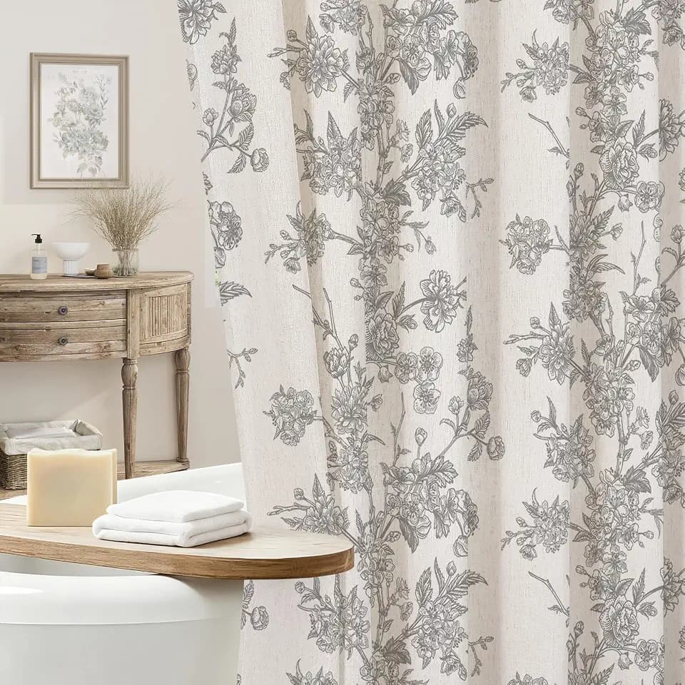 Grey Linen Farmhouse Shower Curtain, Vintage Boho Floral 72x78