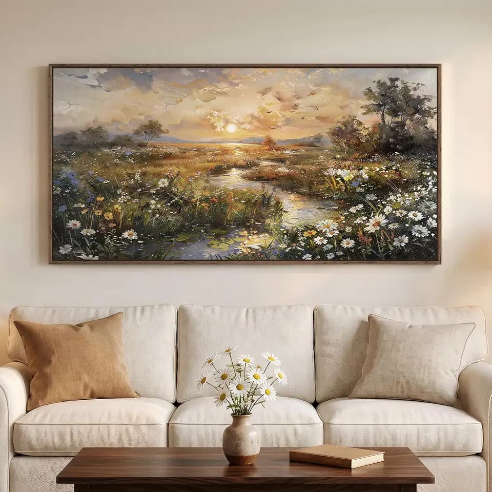 Large Framed Vintage Sunset Landscape Wall Art for Living Room, 60x30 Inch