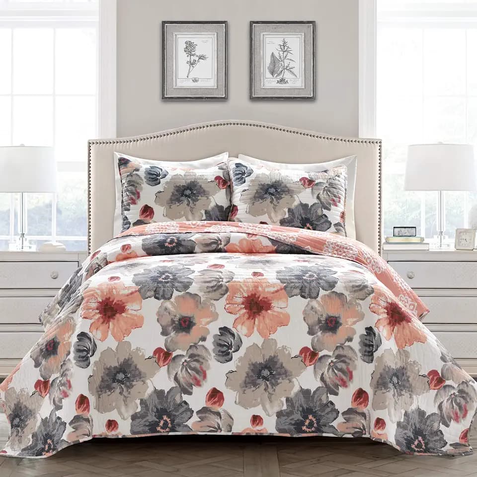 Lush Decor Leah Reversible Floral Quilt Set, 3 Piece Set, King, Coral & Gray - Watercolor Botanical - Cottage Core - French Country Decor- Bedding Queen Size
