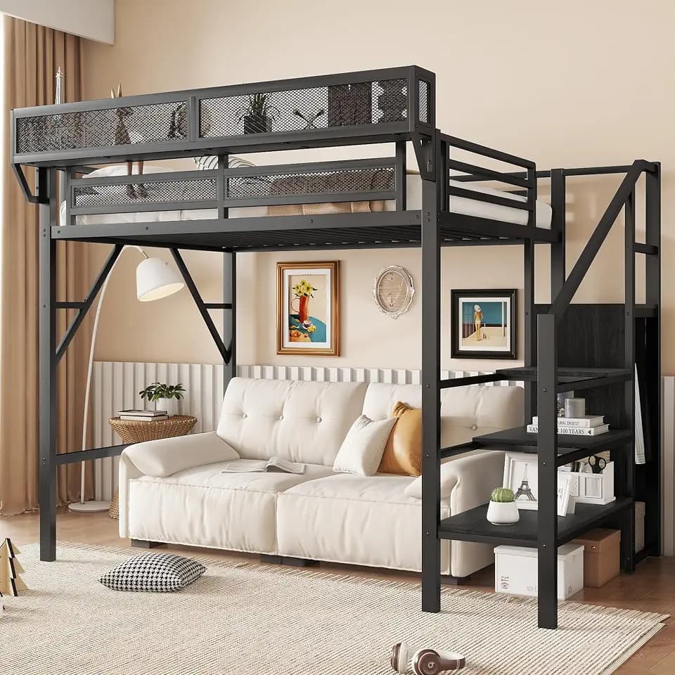 KEIKI Twin Size Metal Loft Bed Frame with Convertible Staircase, Built-in Storage Shelves & Wardrobe, Loft Bed with Solid Slats & Guardrail, No Box Spring Required, Easy Assembly, for Bedroom, Black