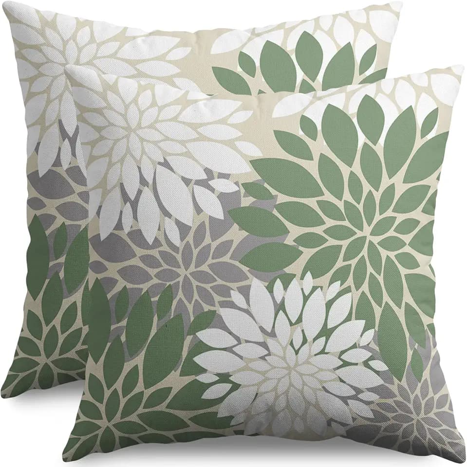 Sage Green White Grey Gray Pillow Covers 20X20 Inch Set of 2, Spring Modern Geometry Dahlia Floral Print Decorative Throw Pillow Covers Outdoor Farmhouse Cushion Case for Couch Sofa Bed Decor