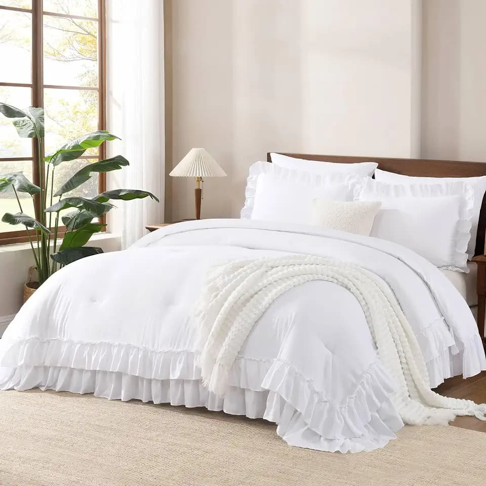 Andency White Ruffle Full Size Comforter Set, 3 Pieces