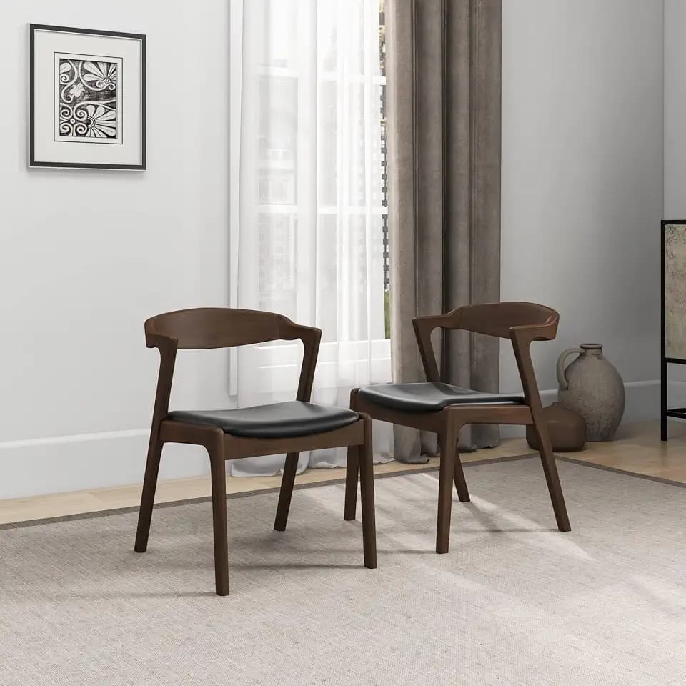 GDFStudio Solid Wood Dining Chair Set of 2, Mid-Century Modern PU Leather Upholstered Chair with Walnut Legs & Frame, Minimal Assembly Perfect for Dining Room, Kitchen, Living Room, 29.3" H Black