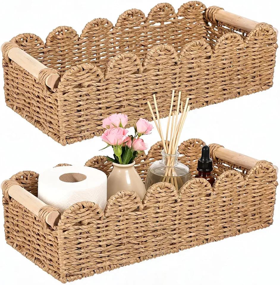 2PCS Bathroom Basket Organizer with Handle, Scalloped Basket, 14.4×6.4×4In