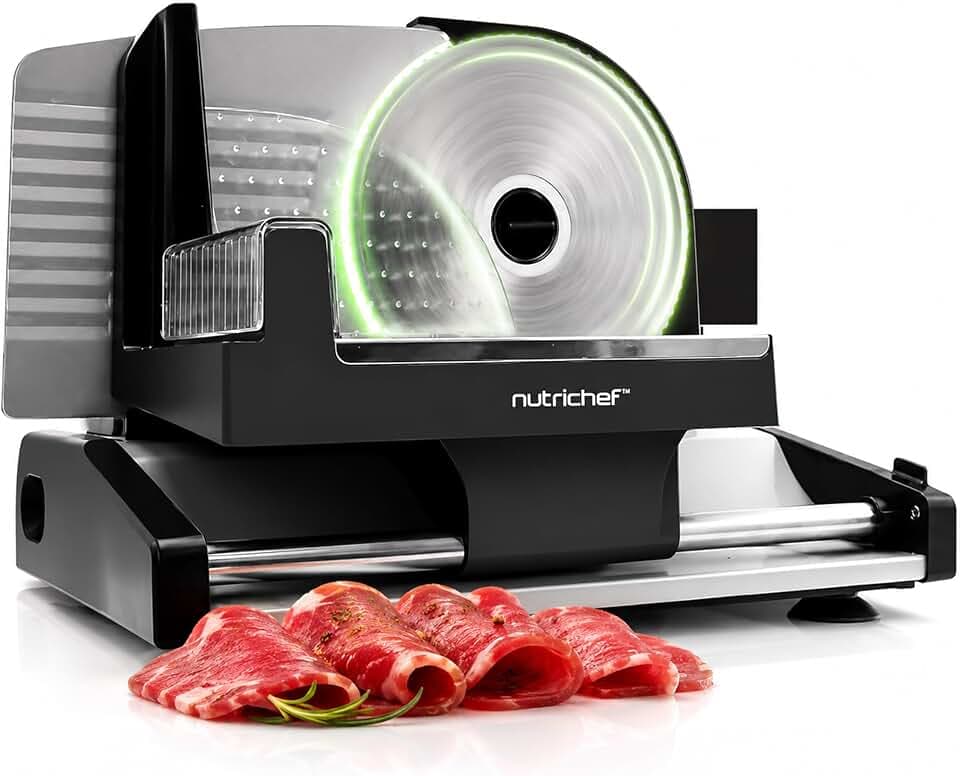 Nutrichef Electric Meat Slicer | 200W Automatic Meat, Deli & Bread Slicer | Adjustable Dial for 0-15mm Cutting Range Thickness | Removable 7.5 IN Stainless Steel Blade & Food Pusher for Safety (Black)