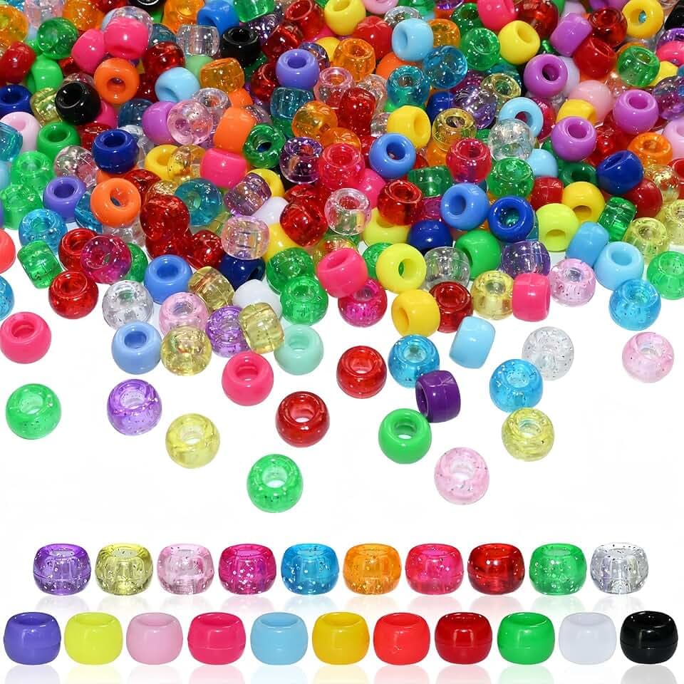 Amaney 500pcs 6x9mm Pony Beads Mixed Colors Glitter Transparent Big Hole Plastic Beads (Mixd)