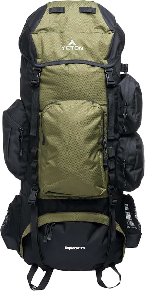 Teton 75L Explorer Internal Frame Backpack for Hiking, Camping, Backpacking, Rain Cover Included, Olive