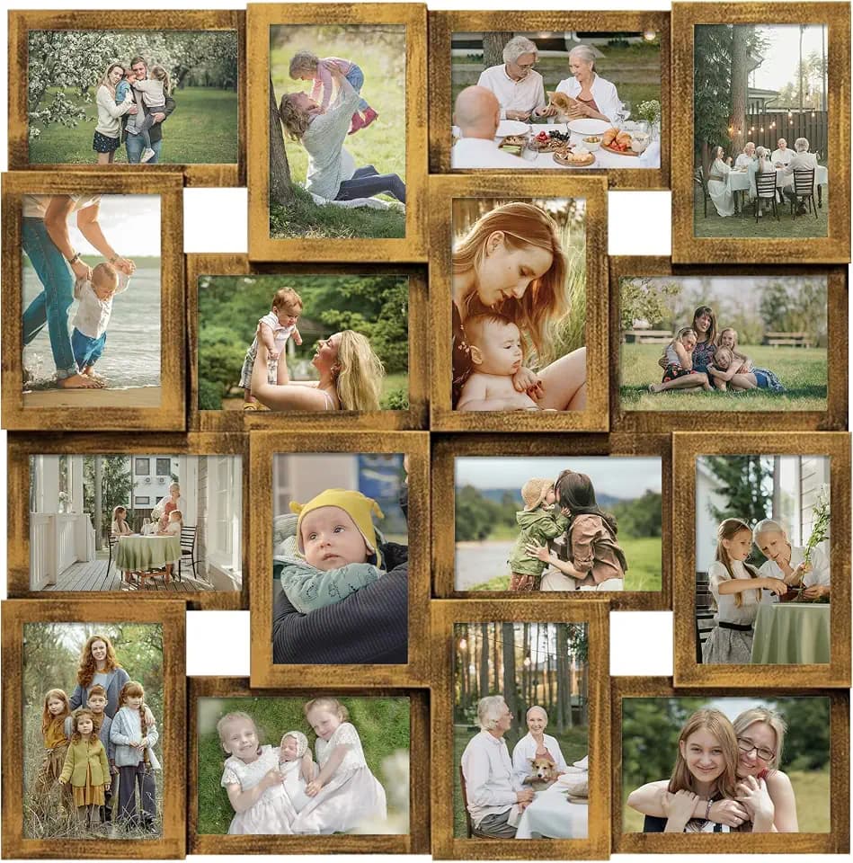 J.M.Deco Collage Picture Frames for Wall 16 Opening, Large Photo Frame Collage Wall Hanging for 4x6 Photo, Reunion Friends Family Memory, Christmas Gift - Retro Gold