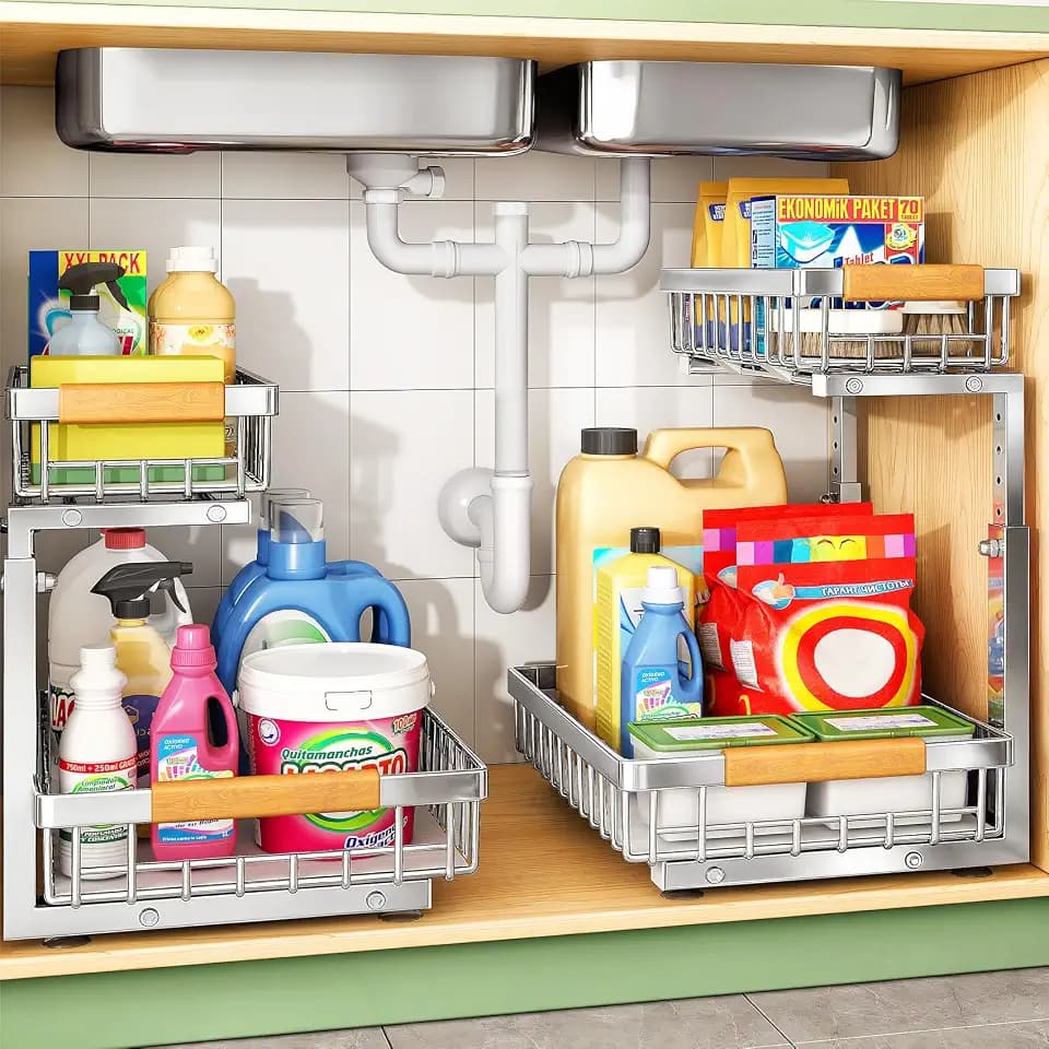 Kitstorack Under Sink Organizer, 2 Tier Under the Sink Storage, Slide out Pull out Cabinet Organizer Shelf, Metal Sliding Drawer for Kitchen Bathroom Pantry Closet Organization Rack, Silver, 1 Pack