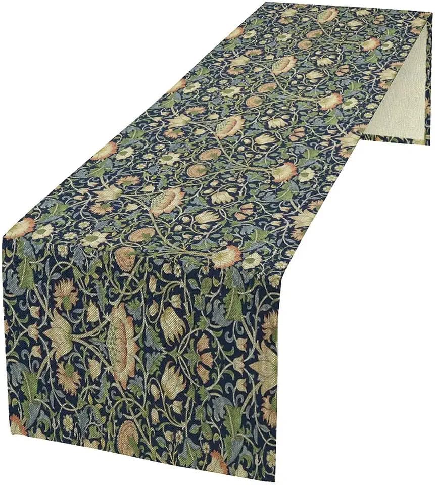 William Morris Flower Table Runner, Vintage Boho Style Tree Plant Pattern Dinner Runner for Home Kitchen Dining Table Decoration 13"x108"