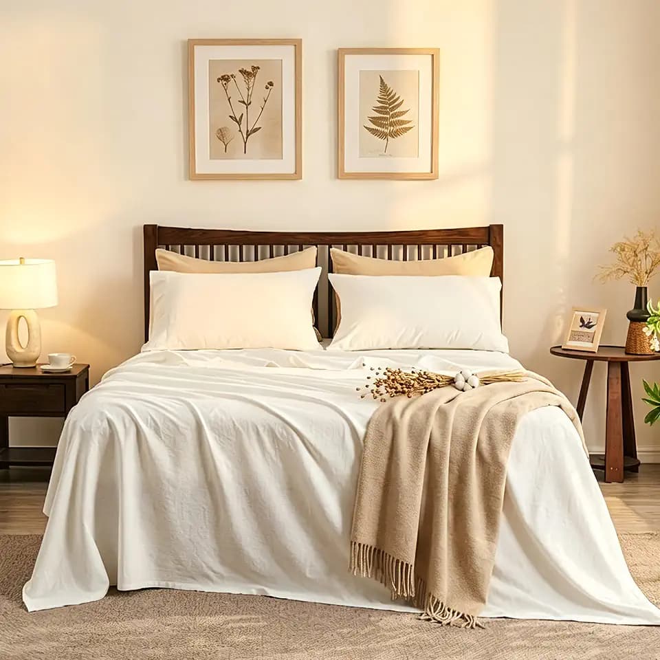 Simple&Opulence Belgian Linen Sheet Set Solid Color - 4 Pieces (1 Flat Sheet, 1 Fitted Sheet & 2 Pillowcases) Natural Flax Cotton Blend Soft Breathable Farmhouse Bedding - Queen Size, White