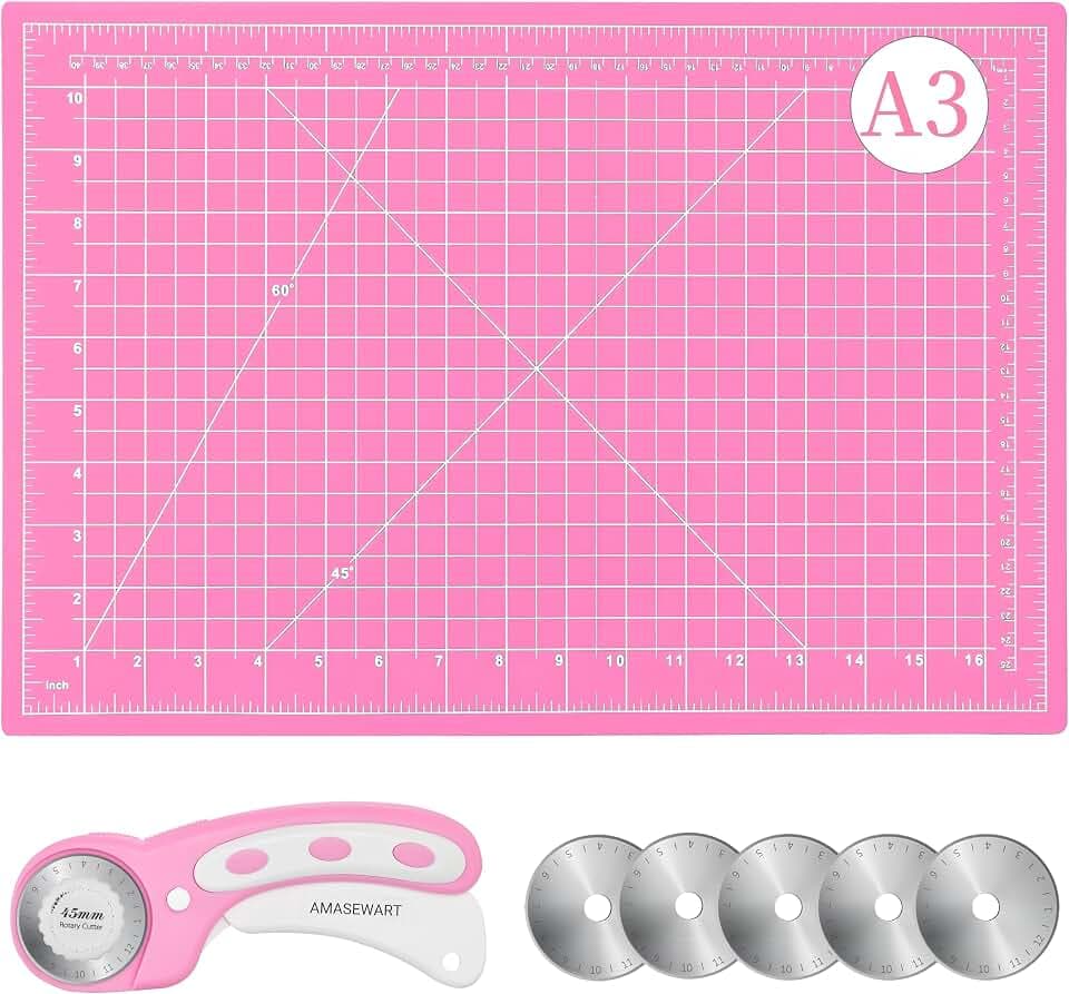 45mm Rotary Cutter and Mat Set, Fabric Cutter Wheel and 12x18 Inch Self Healing Sewing Cutting Mat, Fabric Rotary Cutter with 5pcs Rotary Blades for Quilting Patchworking Crafts, Pink