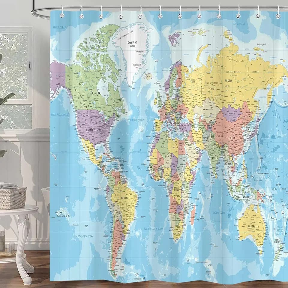 World Map Shower Curtain, Map of The World Countries Cities Blue Earth Educational Geography Shower Curtains for Bathroom Decor with Hooks 72x72 Inch