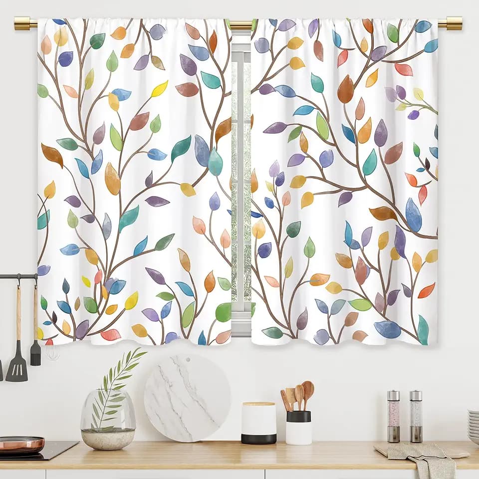 Boho Leaf Floral Kitchen Curtains Colorful Botanical Leaves Bathroom Curtains Window Treatment Drapes Tier Bohemian Plant Cafe Small Bedroom Short French Door Curtains 2 Panels 27.5x39 Inch