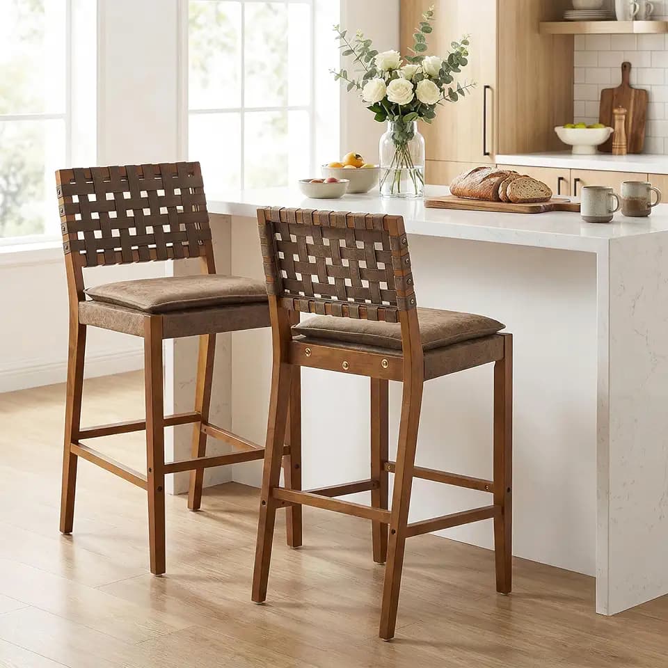 Christopher Knight Home Caitlyn Counter Height Bar Stools Set of 2, PU Leather Bar Stool for Kitchen Island, Wooden Dining Room Chair, Counter Stool with Footrest, Dark Brown+Walnut