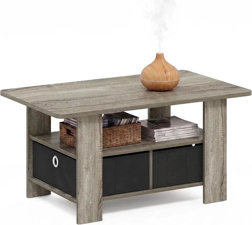 Furinno Andrey Coffee Table with Bin Drawer, French Oak Grey/Black
