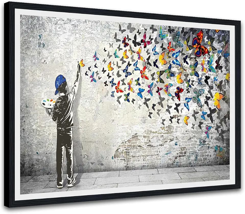 Graffiti Wall Art Framed Butterfly and Boy Poster Colorful Canvas Print Banksy Style Street Art Wall Decor for Living Room Bedroom Decor Black Framed Artwork Ready to Hang - 12x16inch