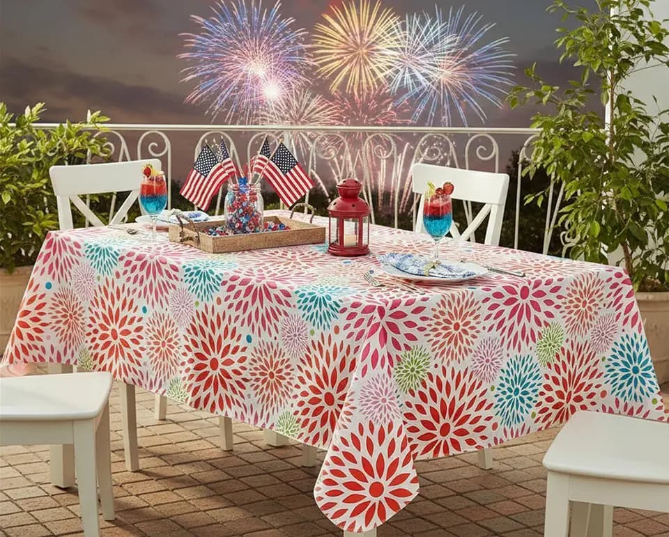 Newbridge 60 x 84 Inch Rectangle Patriotic Vinyl Tablecloth – Flannel Backed Fireworks Table Cover, Turquoise Orange Pink Green, July 4th and Memorial Day BBQ Picnic