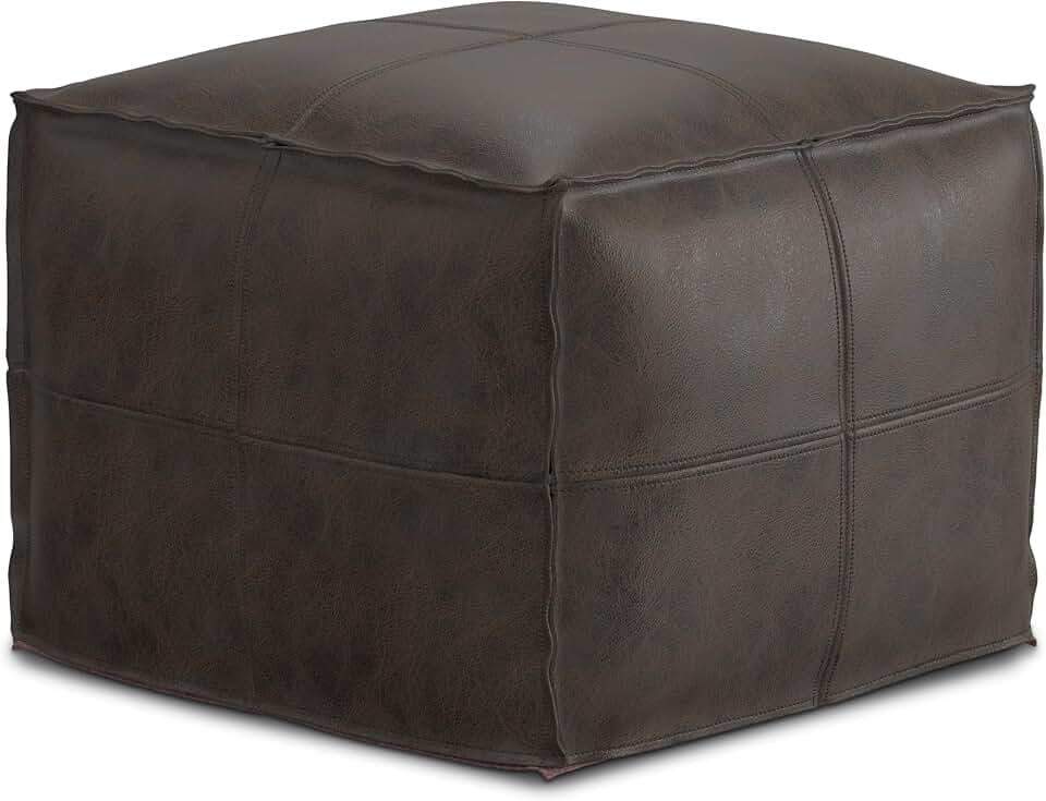 SIMPLIHOME Brody 18" Wide Genuine Leather Square Pouf in Distressed Dark Brown