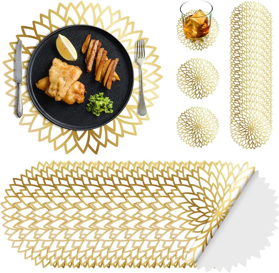 Geosar 200 Pcs Gold Round Disposable Paper Placemats Set 13 Inch