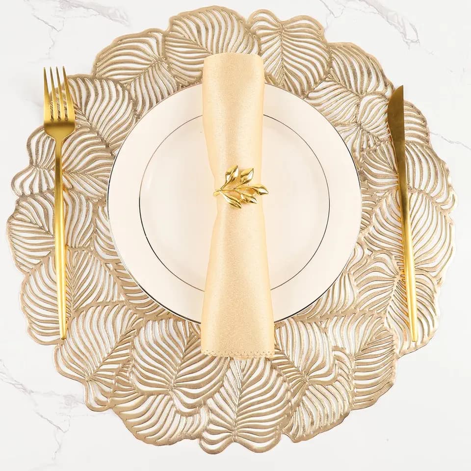 Gold Placemats Set of 6 Round Metallic Pressed Vinyl Table Mats 15 Inch