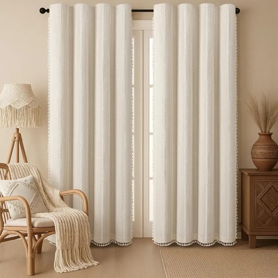 Boho 100% Blackout Curtains 90 Inch 2 Panels Linen Blend Beige