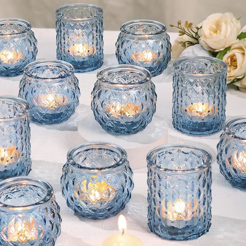 DARJEN Blue Votive Candle Holders Set of 24- Round Candle Holders Bulk, Glass Candle Holder for Vintage Decoration, Tea Lights Candle Holders for Wedding Shower, Party & Gift