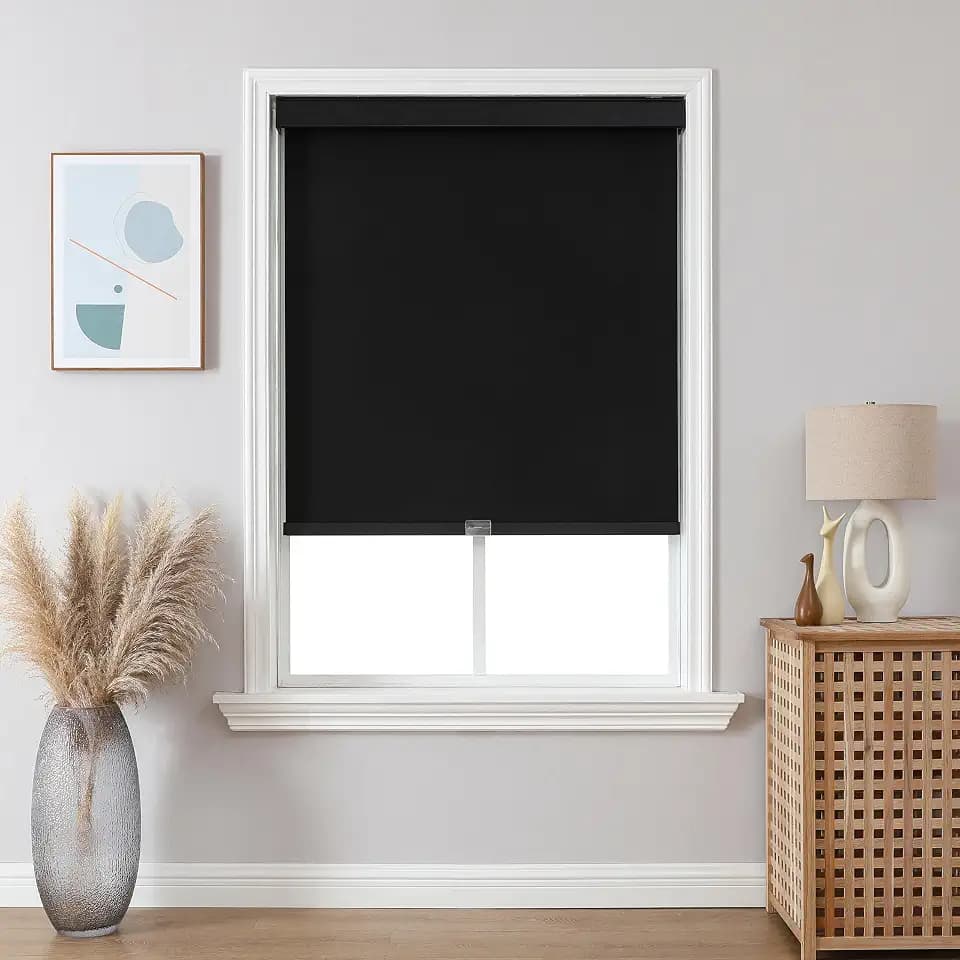 Joydeco 100% Blackout Roller Shades Cordless Blinds for Windows, Free-Stop Shades, UV Protection, Natural Woven Blinds for Home and Office, Light-Proof Aluminum Cover (Black, 20" W x 48" H)
