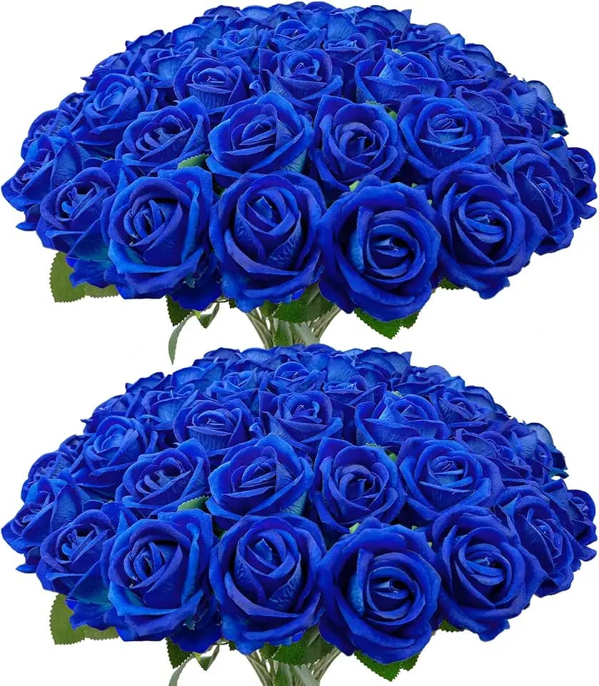 50 PCS Bulk Royal Blue Artificial Flowers, Fake Velvet Blue Roses W/ Stems