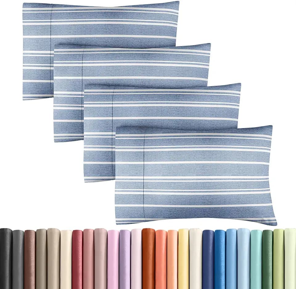 King Pillow Cases Set of 4 - Ultra Soft Pillowcase Covers - Blue Stripes