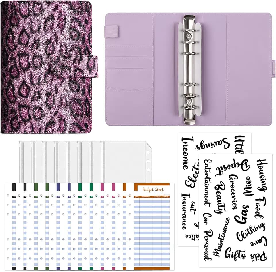 elephtree A6 Budget Binder with Zipper Envelopes,Leopard Print Money Organizer for Cash with 12 Expense Sheets & 2 Word Stickers,Cash Envelopes for Budgeting and Saving(Leopard Print Purple)