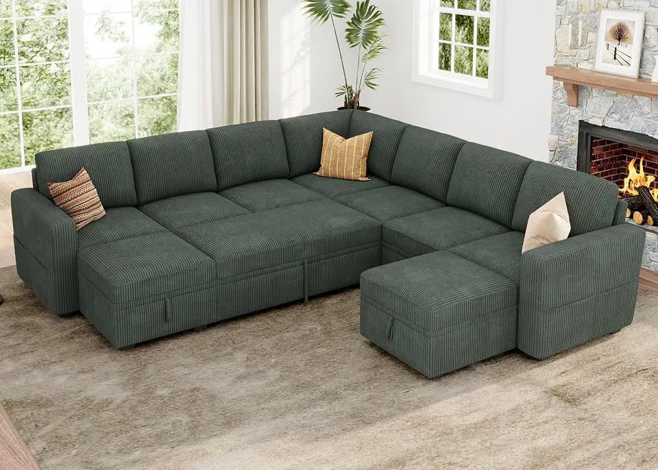 HONBAY Modular Sectional Sleeper Sofa with Pull Out Couch, Corduroy Oversized Sectional Couches Pull Out Bed with U Shaped Sleeper Storage for Living Room - Green