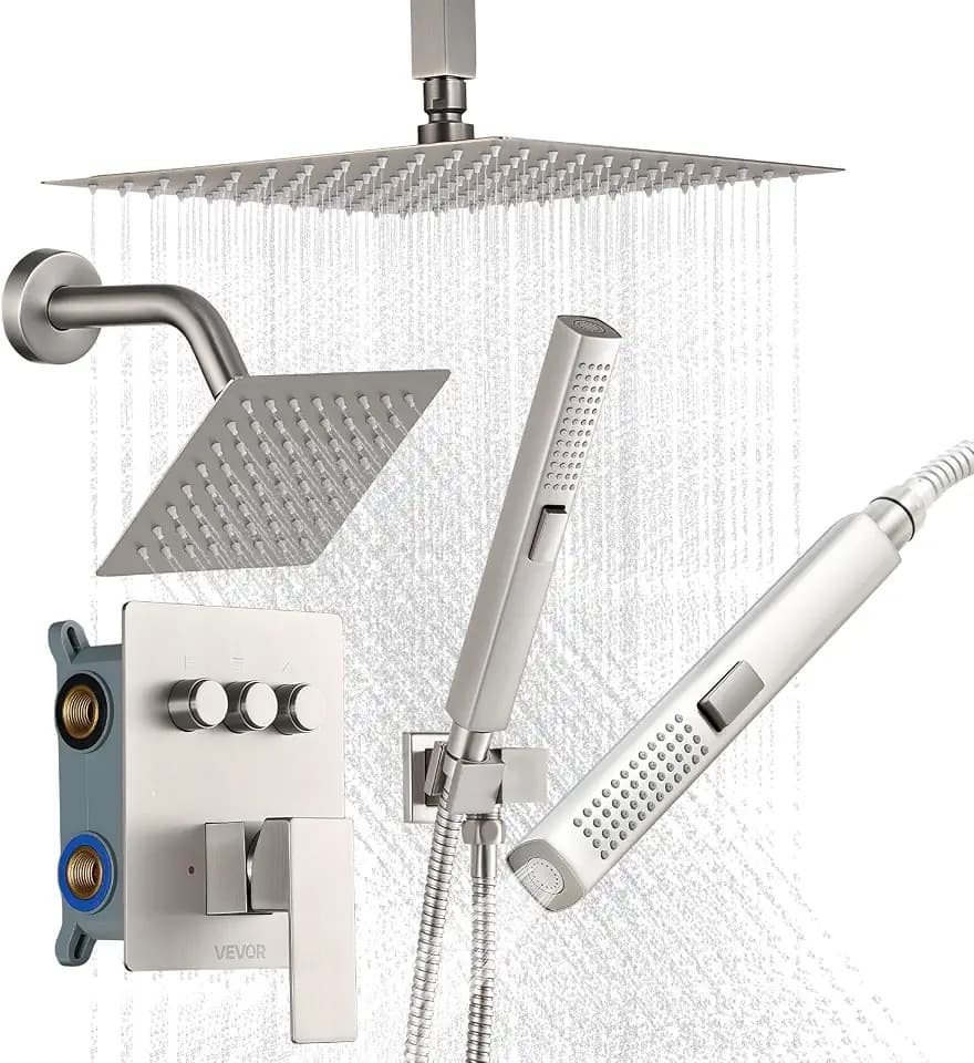 VEVOR Shower Faucet Set, 10 Inch Ceiling Mount Rainfall Shower System with 6 Inch Wall Mount Head and 2 in 1 Handheld Spray, Rotatable 3-Function Dual Rain Head Brass Valve & Trim Kit, Brushed Nickel