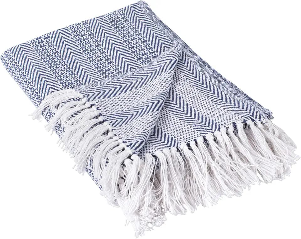 DII Herringbone Striped Cotton Throw Blanket, 50x60 with 2.5" Fringe, Nautical Blue