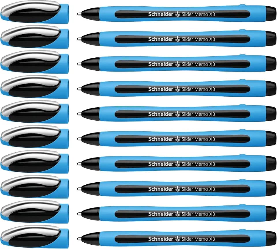 Schneider Slider Memo XB (Extra Broad) Ballpoint Pen, 1.4 mm, Light Blue Barrel, Black Ink, Box of 10 Pens (150201)