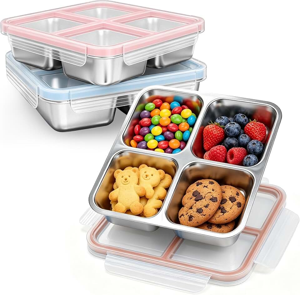 Stainless Steel Reusable Snack Containers, 3 Pack, Blue Orange Pink