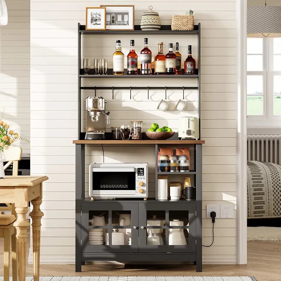 ChooChoo Farmhouse Coffee Bar Cabinet with Power Outlets and Storage