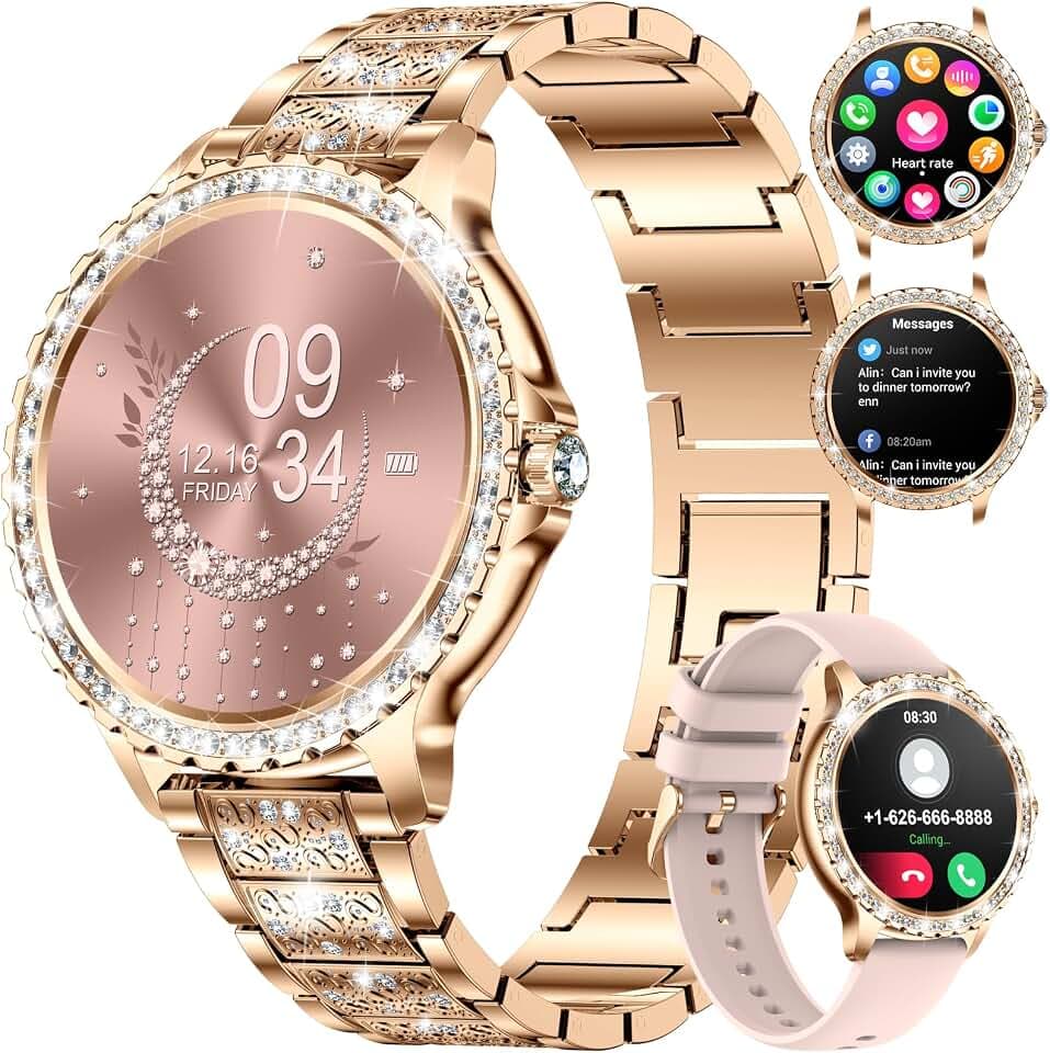 LIGE Smartwatch Damen Bluetooth Anrufe für Android iOS Smart Watch Damen 100+ Sport Activity Tracker 1,32" HD Touch Screen Herzfrequenz Schlaf Monitor Diamant Rosegold Stahl Frauen Smartwatch
